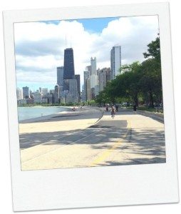Chicago bikers waterfront skyline 