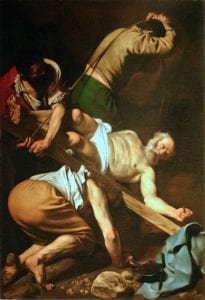 The Crucifixion of St. Peter, a painting by Carvaggio, can be found in the Chapel of Santa Maria del Popolo. Image Source: Pixabay user RonPorter through Creative Commons CC0 license. 