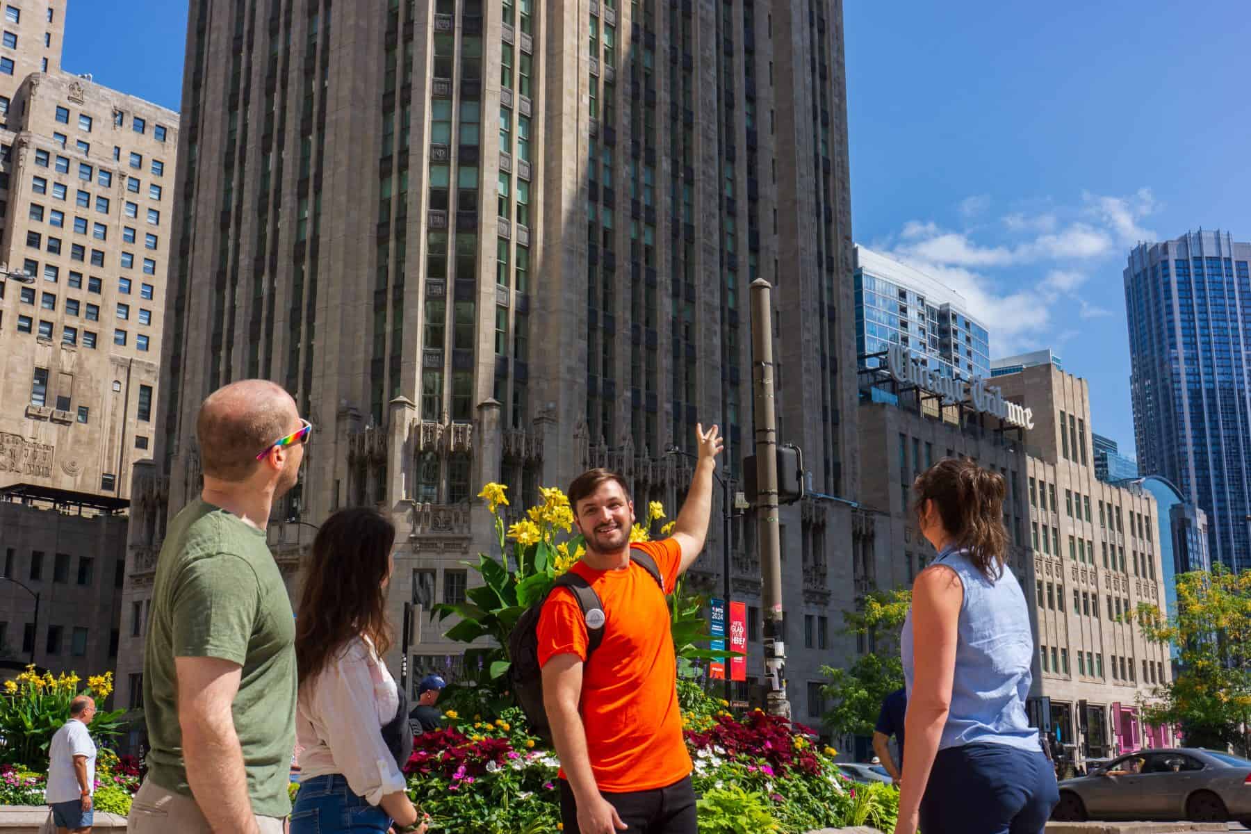 Tour Guide Andy with Tours by Foot outside Chicago Tribune building on the Chicago Riverwalk tour