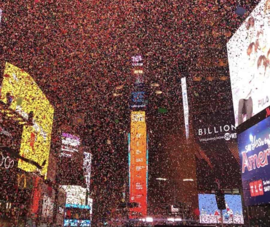New Years Eve in Times Square with red confetti dropping through the sky