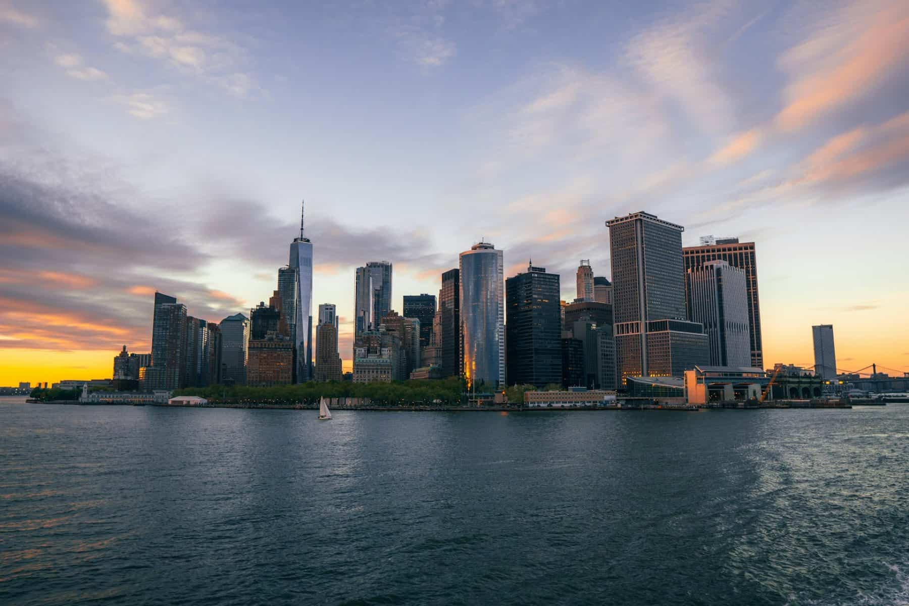 sunset skyline view of Lower Manhattan from the Staten Island Ferry