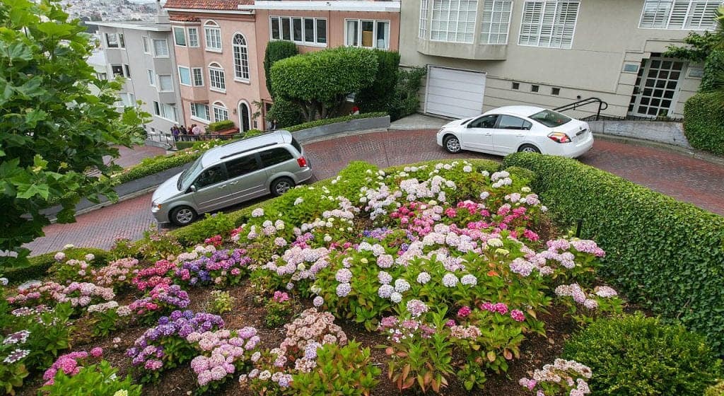 Just one of 8 turns on Lombard Street. Image Source: Wikimedia user Alex Proimos, July 14th 2012.