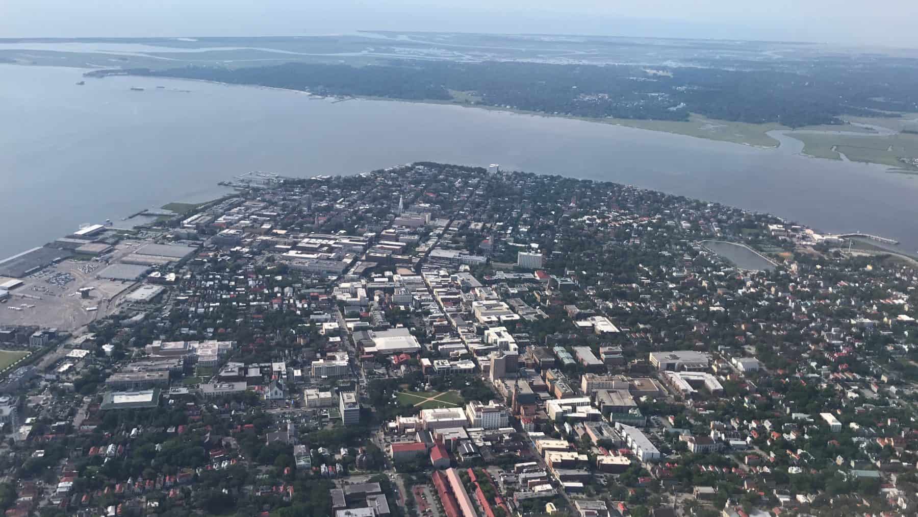 View of Downtown Charleston flying into Charleston International Airport