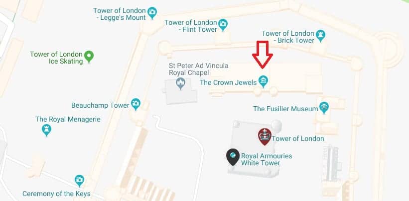 A map which depicts the location of the Crown Jewels in the Tower of London. Image Source: Google.com.
