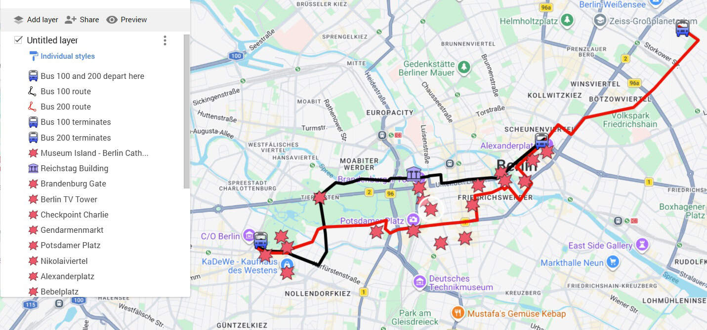 Berlin bus 100 and 200 Route Map