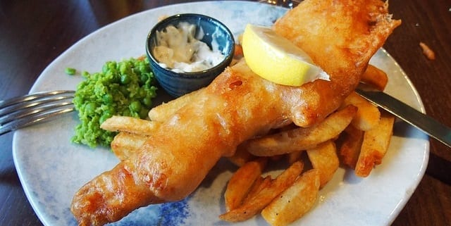 Fish and Chips with two traditional sides, Mushed Peas and Tartar Sauce. Source: Pixabay.