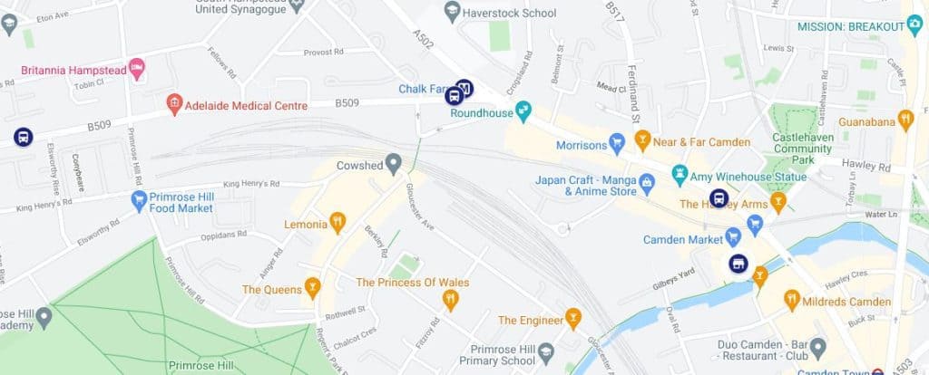A map of tube and bus stops near Primrose Hill. Image Source: Google Maps.