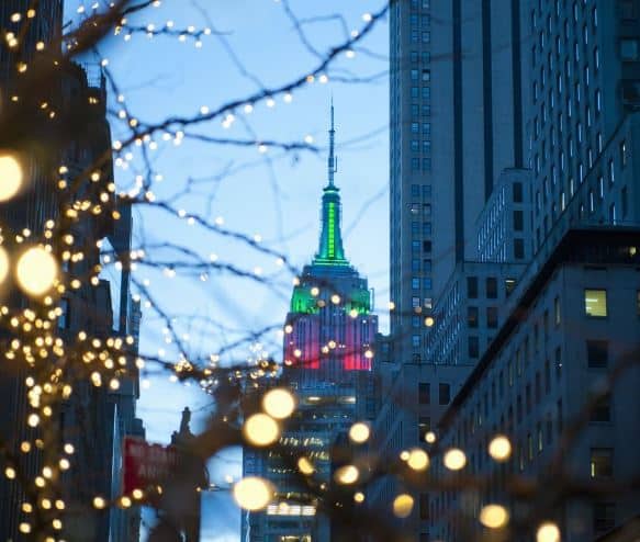 the Empir State Building lit red and green for Christmas