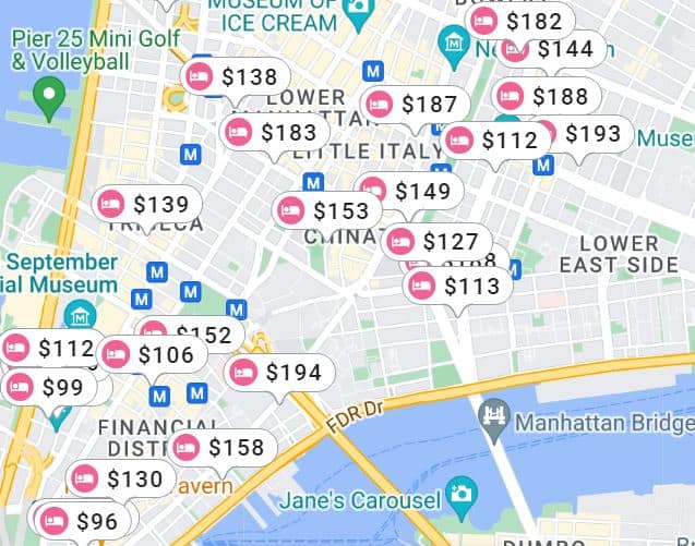 a map of Lower Manhattan with hotels and prices