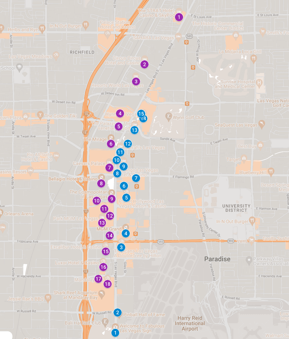 This is a map of the hotels and casinos on the Las Vegas strip.