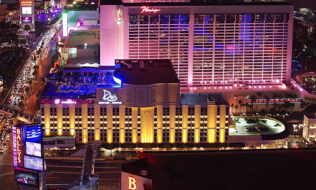 The Cromwell Las Vegas at Night, photographed from the Paris Eiffel Tower. On the rooftop, Drai's Beachclub & Nightclub can be seen
