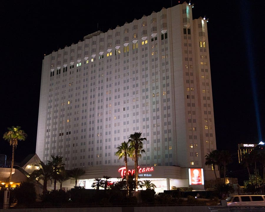 The northeastern facade of the Las Vegas Tropicana hotel by night.