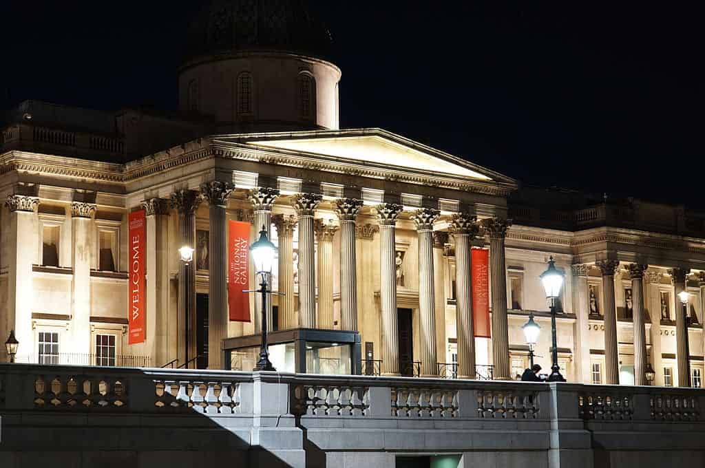The British National Gallery at night.