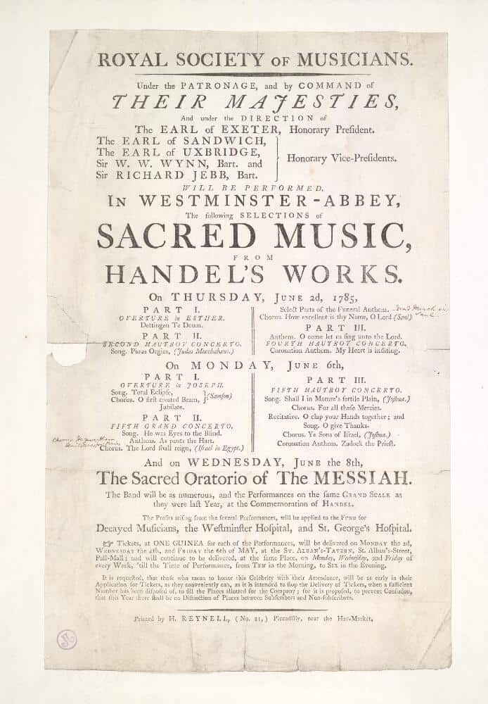 Handel's Messiah concert bill from Westminster Abbey from Thursday, June 2nd, 1785 