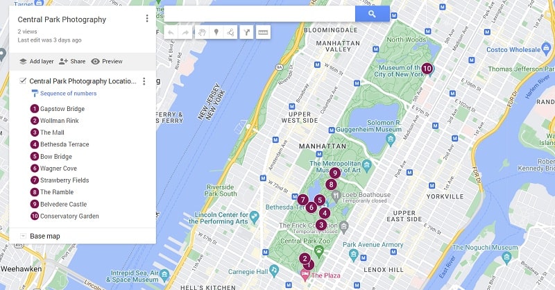 Map of Central Park Photo Locations
