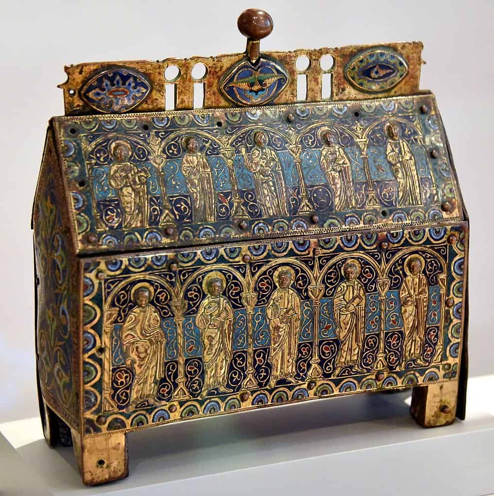 Reliquary casket, c. 1185-1195 CE. From Limoges, France. Gilded copper with champleve enamel plaques, on oak. Victoria and Albert Museum, London. The casket may have contained relics of more than one saint