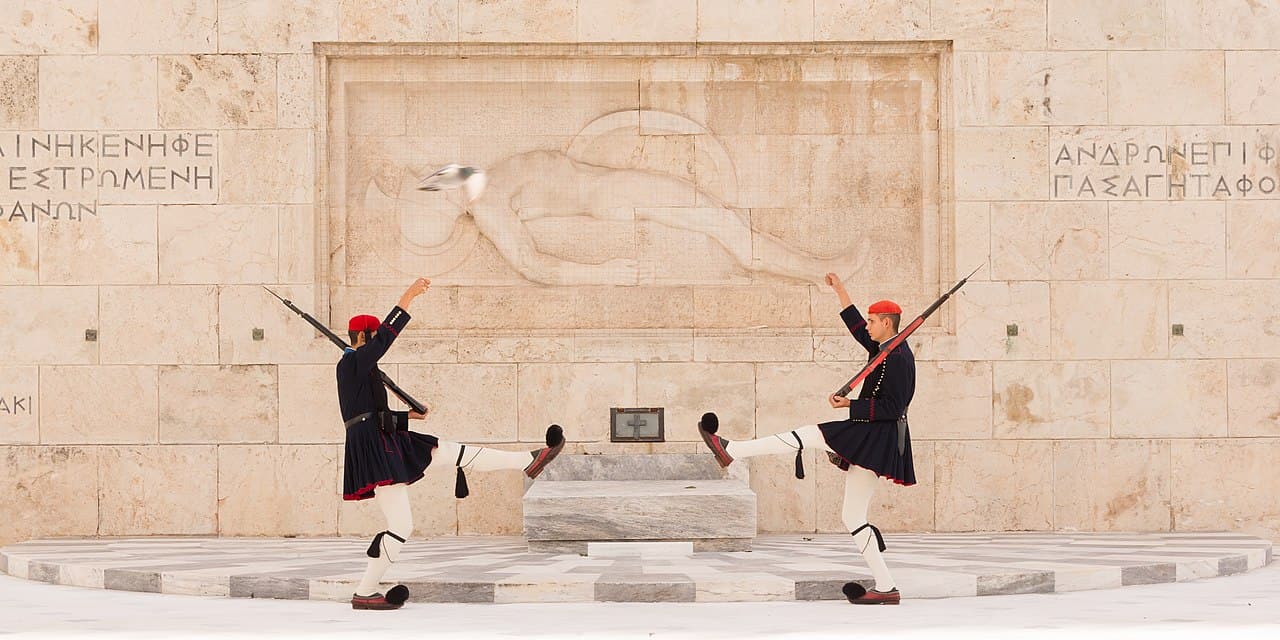 Two evzones at the Tomb of the Unknown Soldier in Athens, Greece