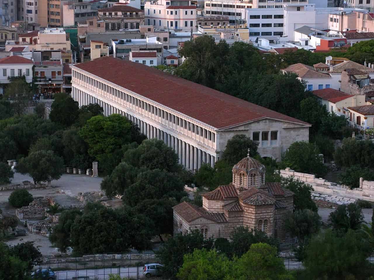 The Stoa of Attalos, as seen from the Court of Cassation (Areopagus, i.e. the "Stone, or Hill, of Ares"