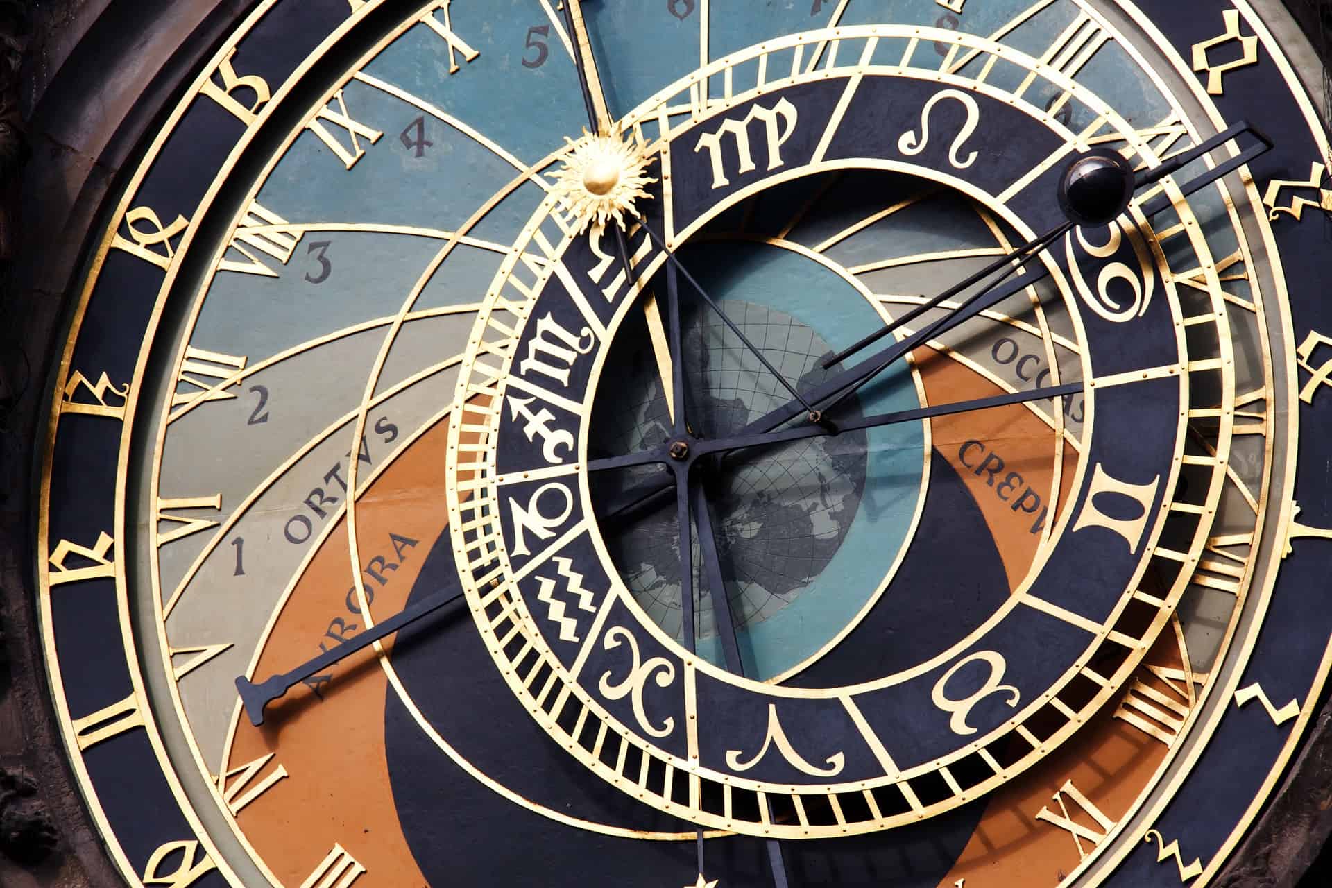 A close up of the upper clock of Prague's Astronomical Clock.