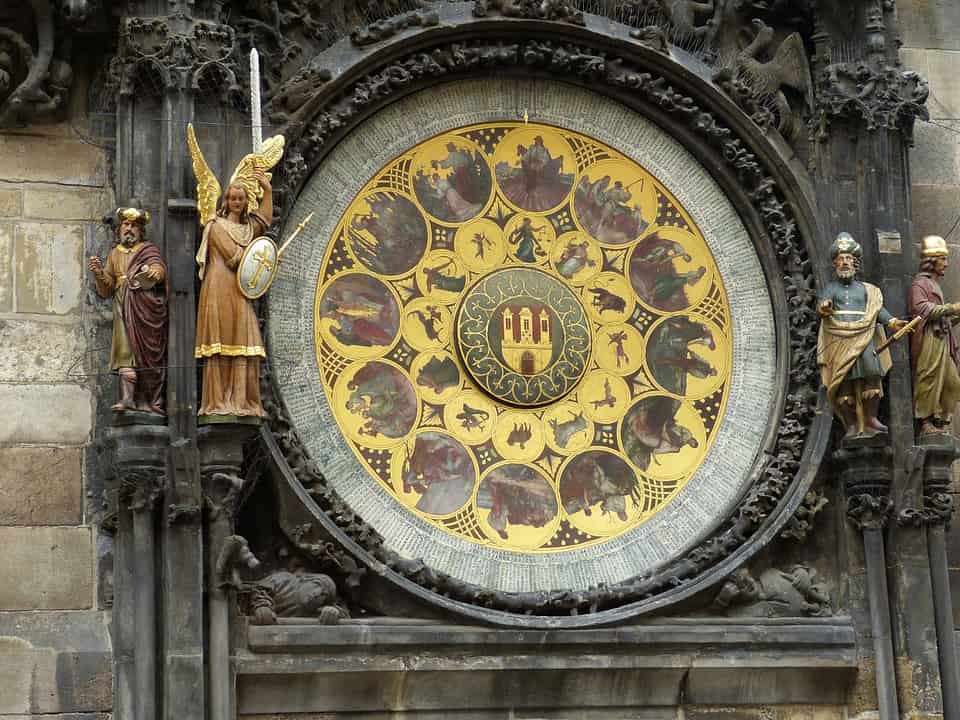 A close up of the lower calendar clock of Pragues Astronomical Clock
