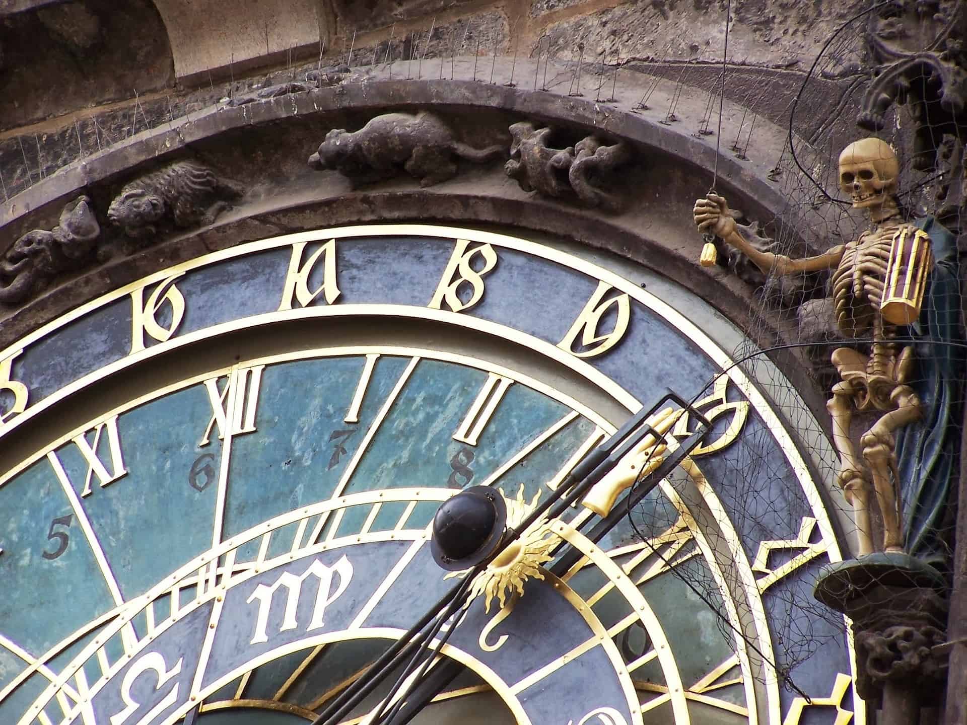 A close up of the skeleton on the Prague Astronomical Clock