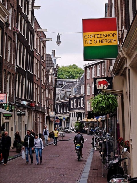 This street in Amsterdam is lined with coffeeshops and cafes. Image source: Pixabay user Kevin Phillips.