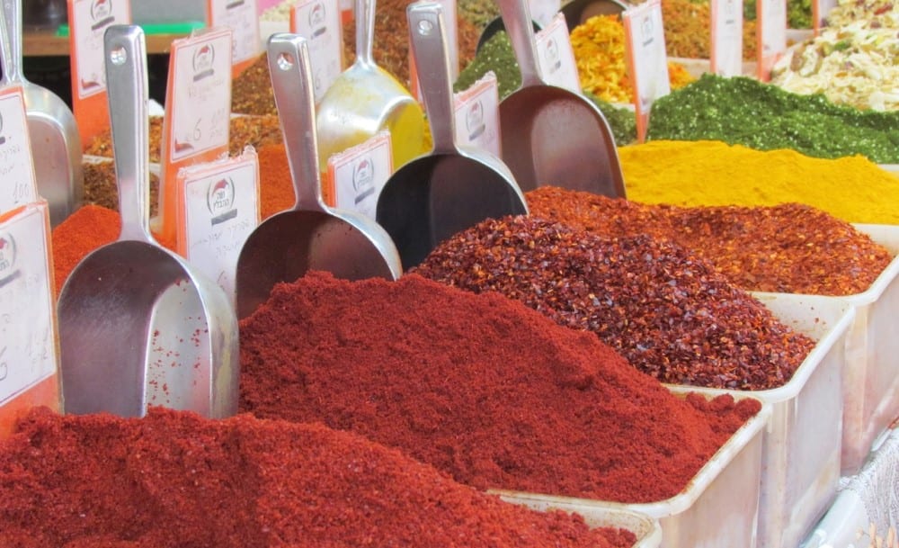 Spices at a market stall in Jerusalem. Image source: Pixabay user vhesse.