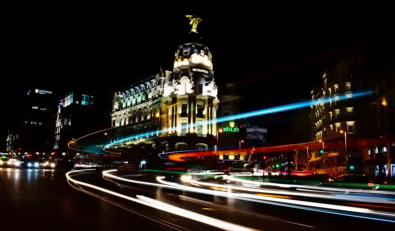 Madrid after dark. Image source: Pixabay user David Mark.
