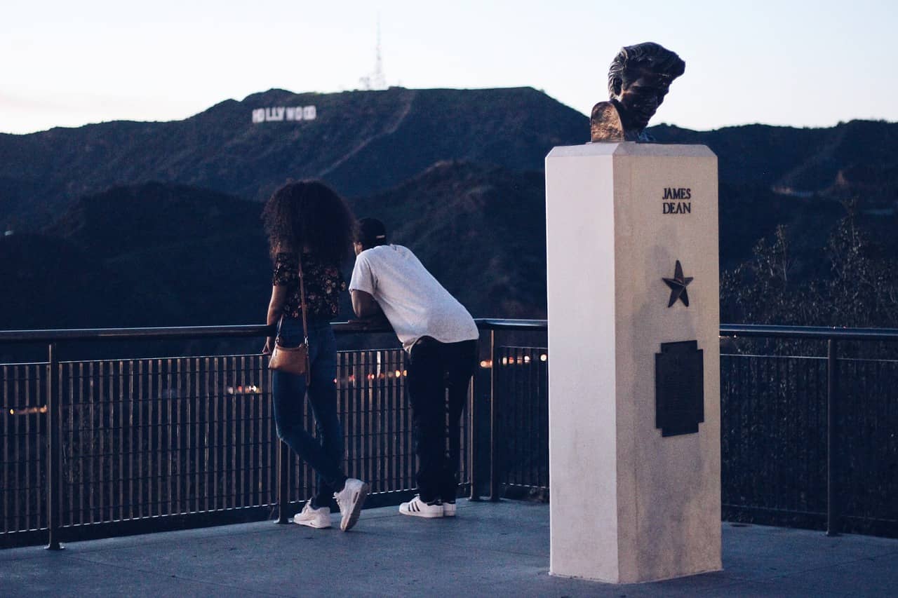 The James Dean Memorial at Griffith Observatory is actually the site of an excellent view of the Hollywood Sign. Image source: Pixabay user StockSnap.