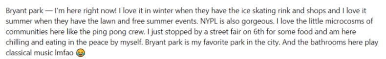 Reddit recommendation - Bryant Park is awesome in the winter.  The bathroom plays classical music. 