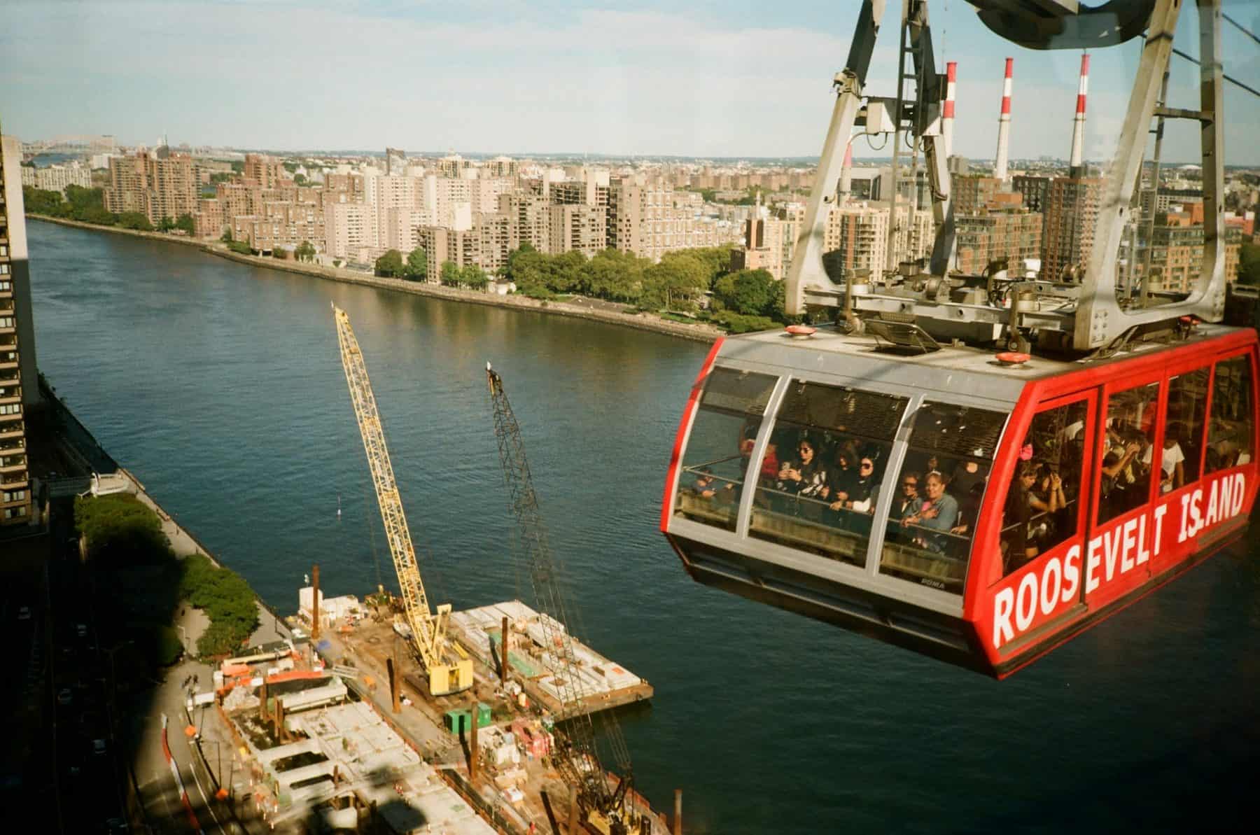 Roosevelt Island tram car in the air over the east river