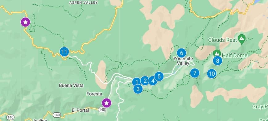 Map of activities to do in Yosemite National Park