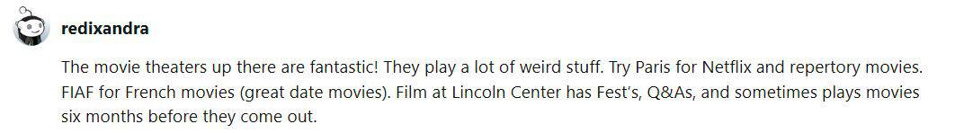 A Reddit user recommending the Paris movie theater on the Upper East Side of New York City.