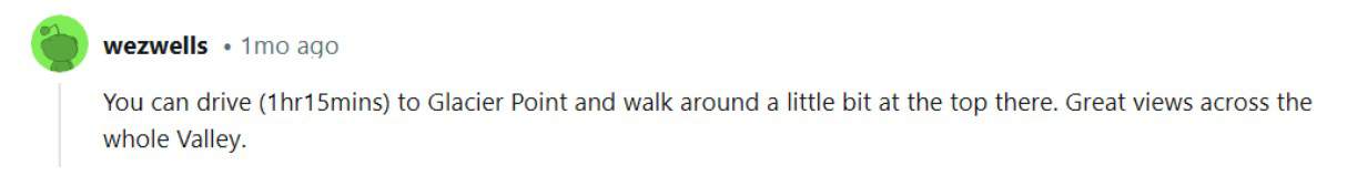 Reddit comment saying that Glacier Point in Yosemite is a must see.