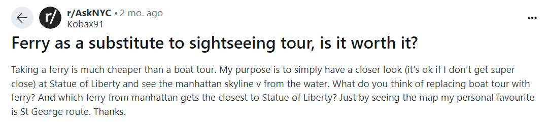 A comment from Reddit asking if the NYC ferries are a good substitute for taking a sightseeing cruise.