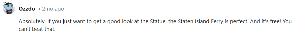 A comment from Reddit saying that the Staten Island ferry is perfect to see the Statue of Liberty up close