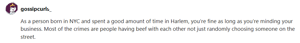 a Reddit comment about Central Harlem safety