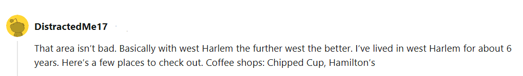 a Reddit comment about West Harlem safety