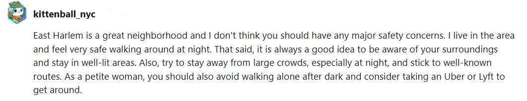 a Reddit comment about East Harlem safety