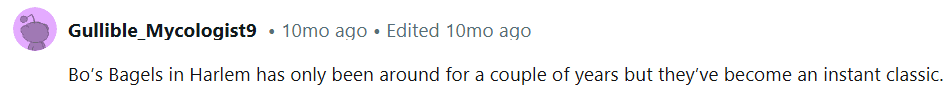 A reddit comment about BO's bagels and that even though they are new, they are already a favorite.