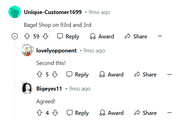 Three comments from Reddit saying that Bagel Shop on 93rd Street has the best bagels.