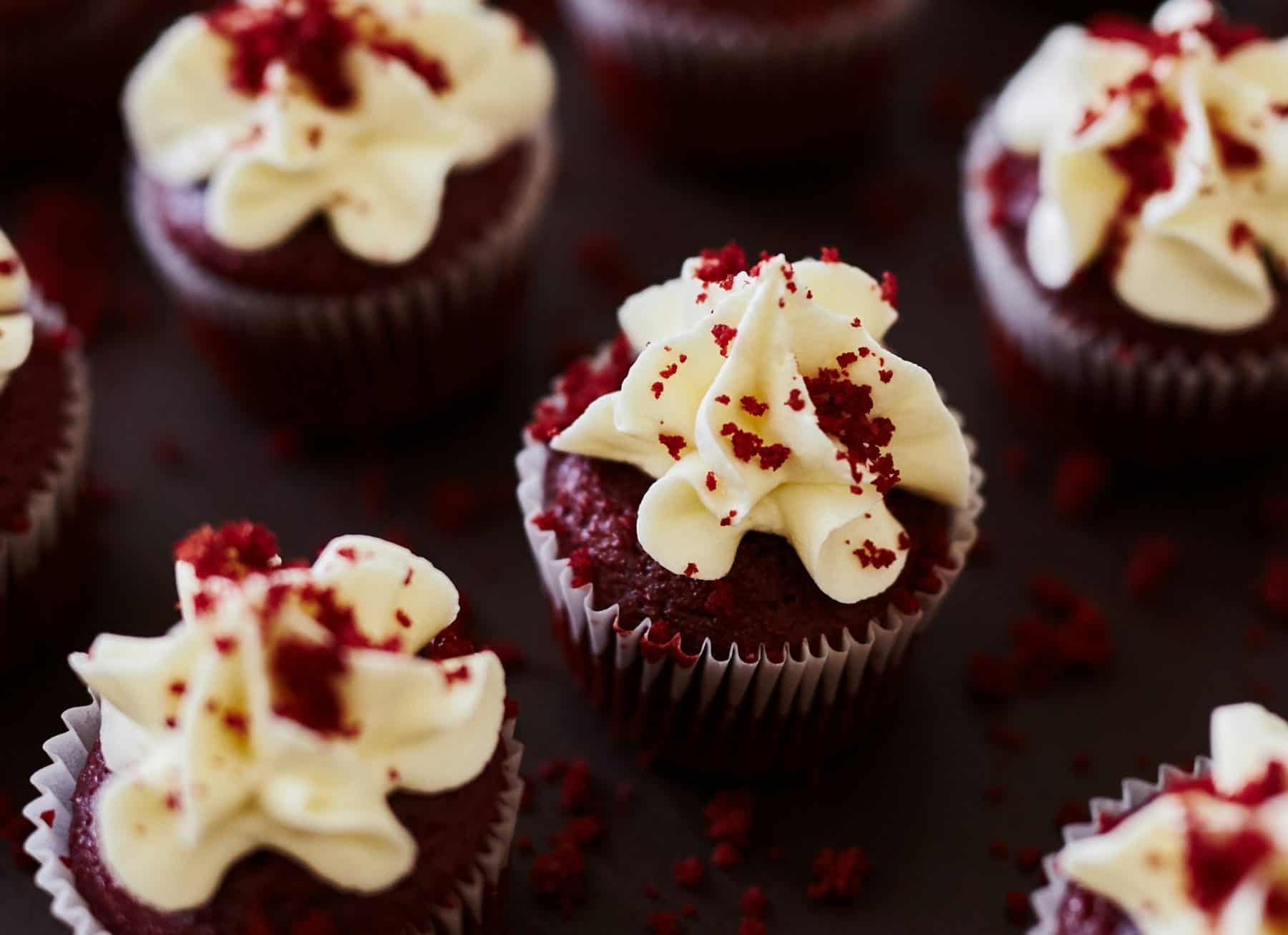Red Velvet Cupcakes made of Red Velvet cake with almond buttercream at a bakery on the Lower East Side of Manhattan