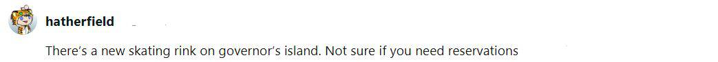 A Reddit user saying that there is a new rink at Governors Island and that they aren't sure if reservations are required.