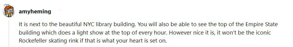 A Reddit user says that while the rink at Bryant Park is beautiful, it won't be the same kind of magical experience many tourists want in NYC.
